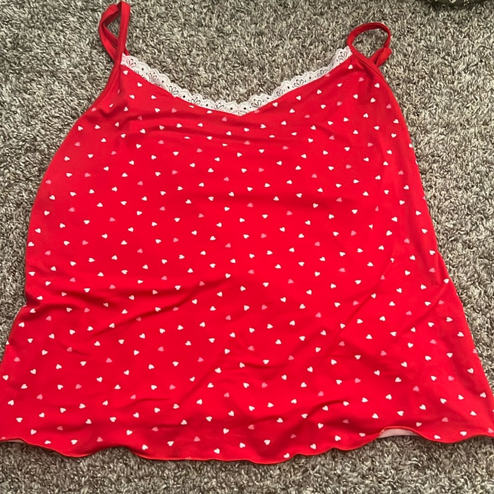 Red cami/tank top with pink and white hearts